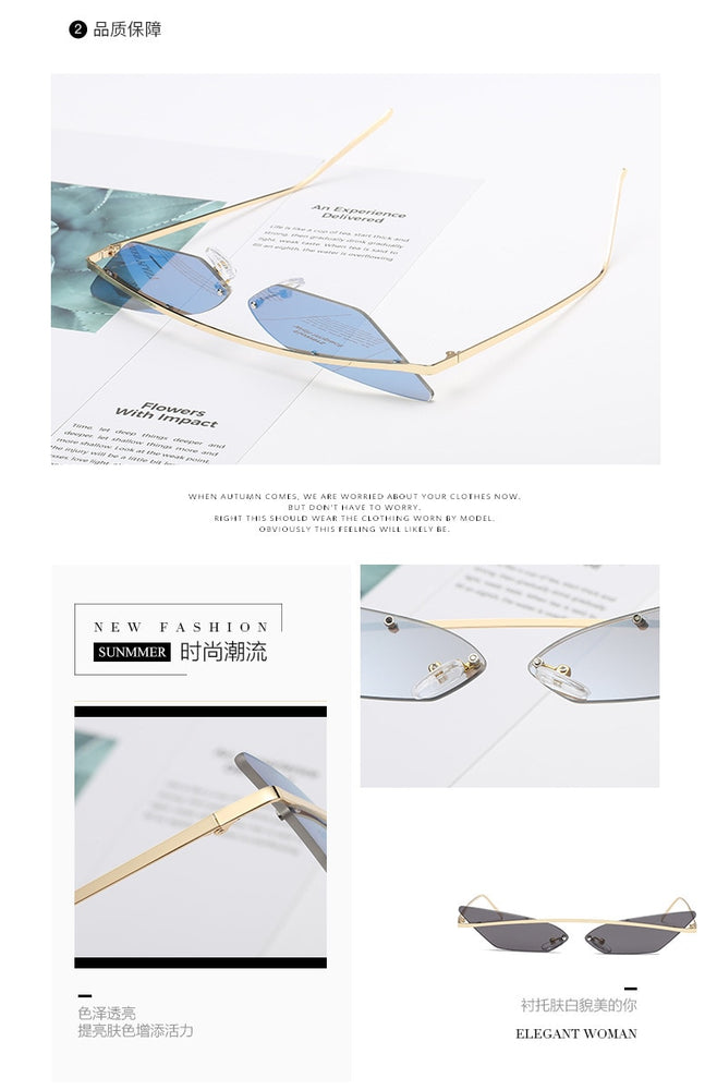 Cat Eye Rimless Metal Frame Sunglasses