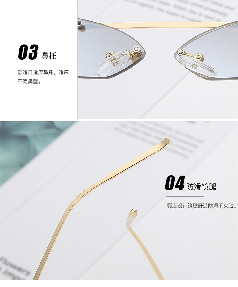 Cat Eye Rimless Metal Frame Sunglasses