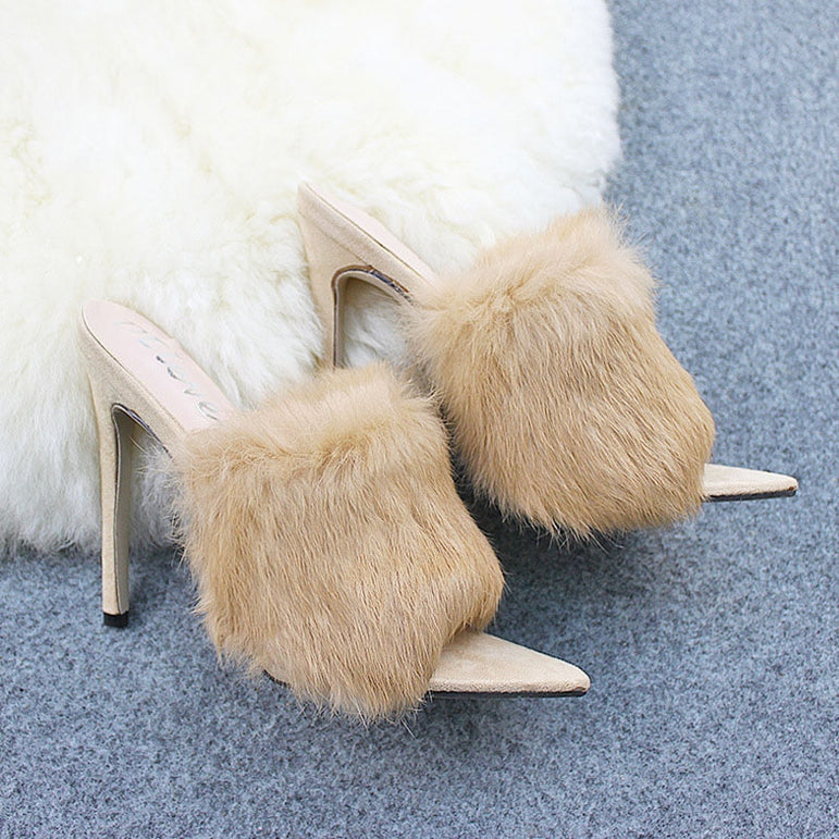 Pointed Toe Ladies Fur Women's Pumps High Heel