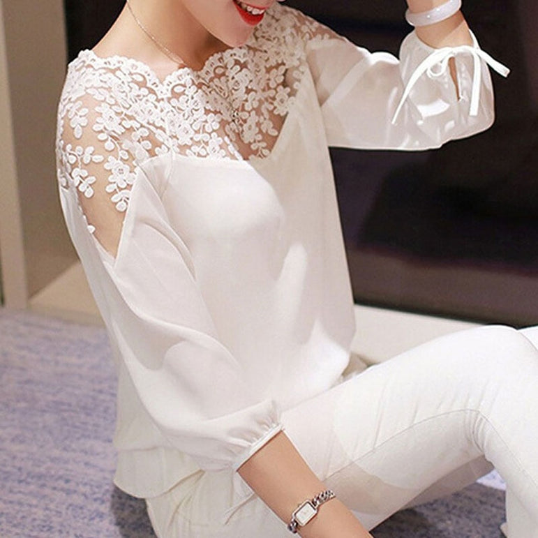 Lace Hollow Collar Chiffon Backless Blouse