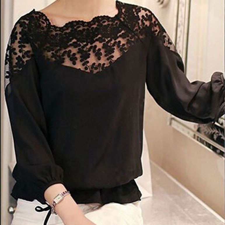 Lace Hollow Collar Chiffon Backless Blouse