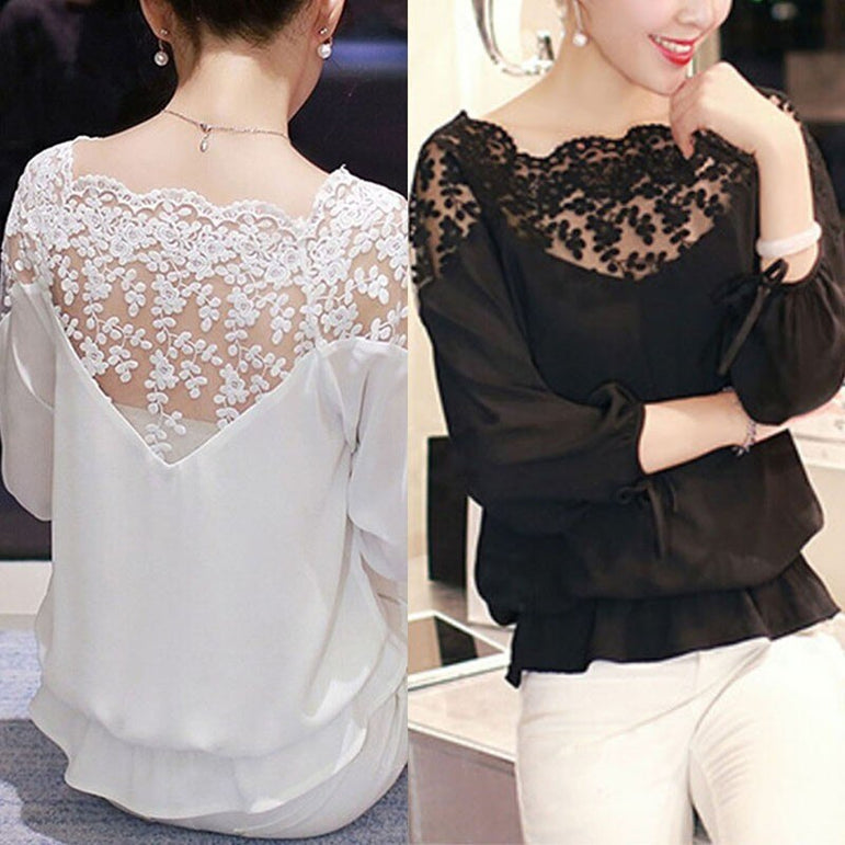 Lace Hollow Collar Chiffon Backless Blouse