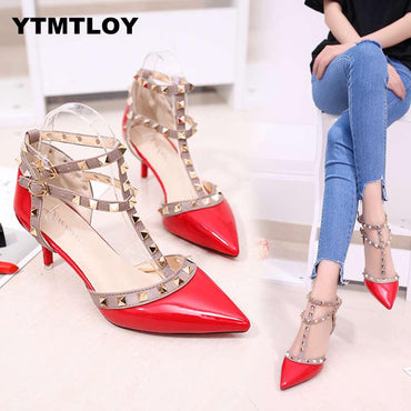 Leather Rivet Pumps Women High Heel