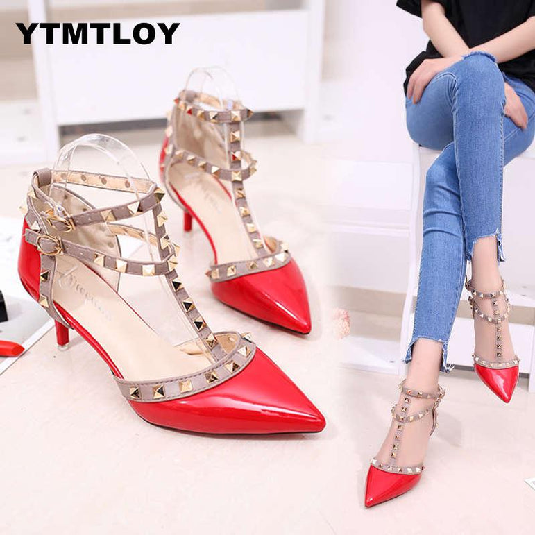 Leather Rivet Pumps Women High Heel