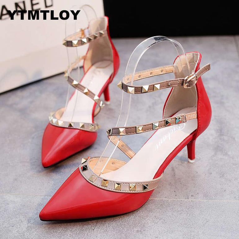 Leather Rivet Pumps Women High Heel