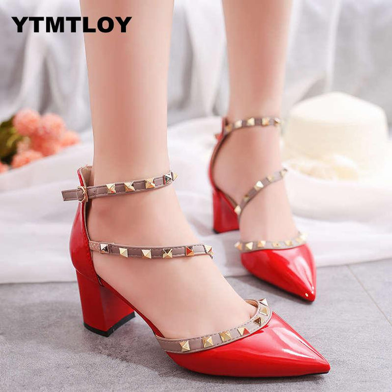 Leather Rivet Pumps Women High Heel