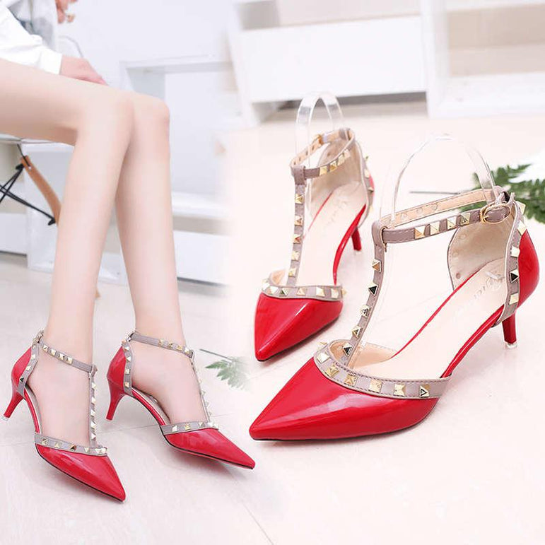 Leather Rivet Pumps Women High Heel