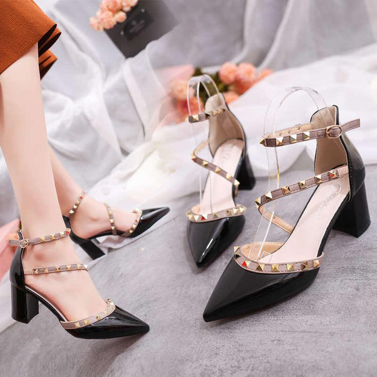 Leather Rivet Pumps Women High Heel