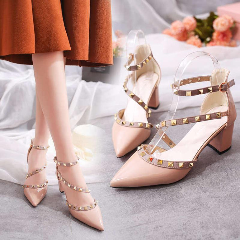 Leather Rivet Pumps Women High Heel