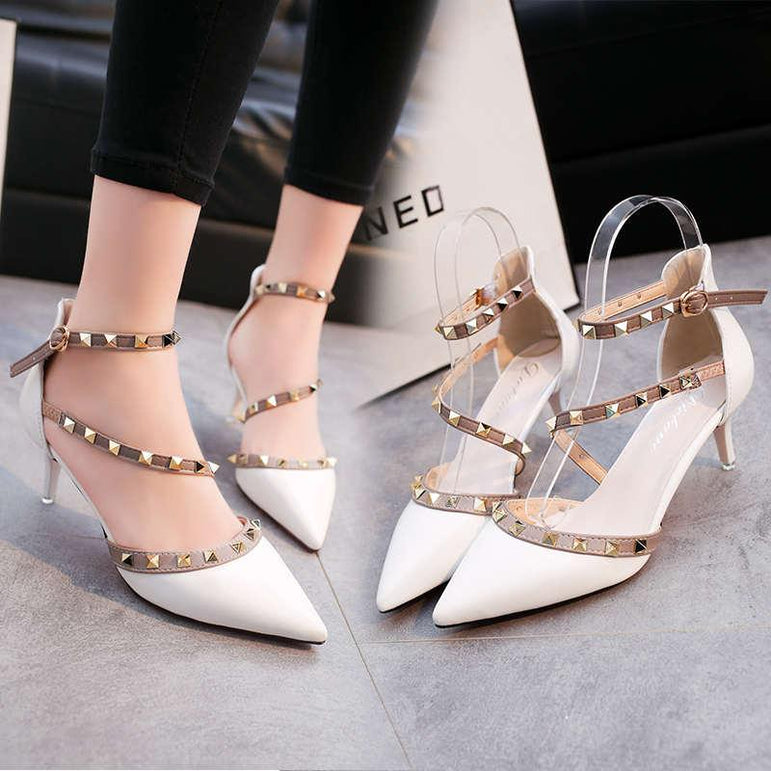 Leather Rivet Pumps Women High Heel