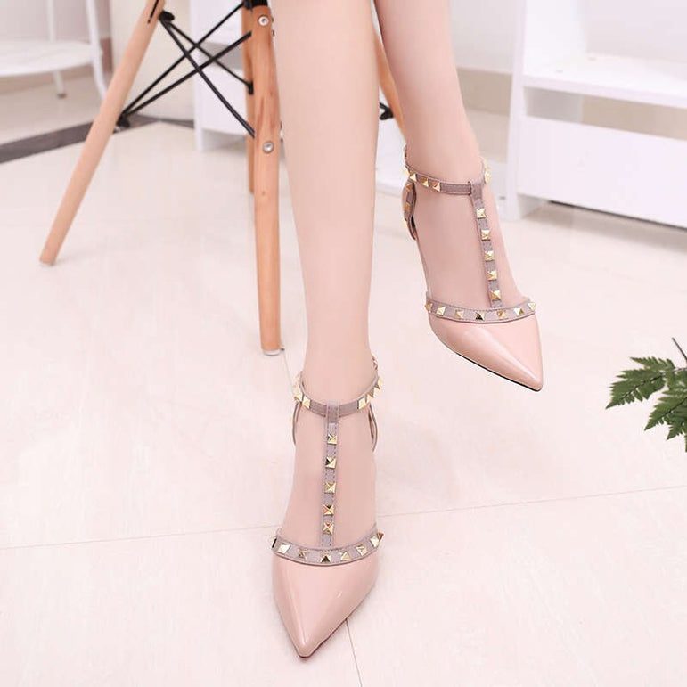 Leather Rivet Pumps Women High Heel