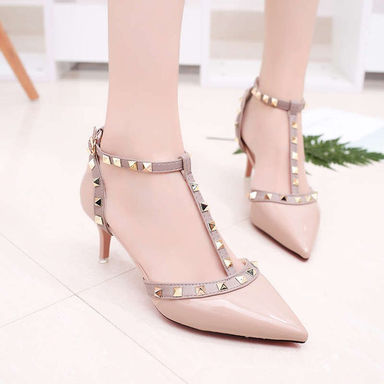 Leather Rivet Pumps Women High Heel