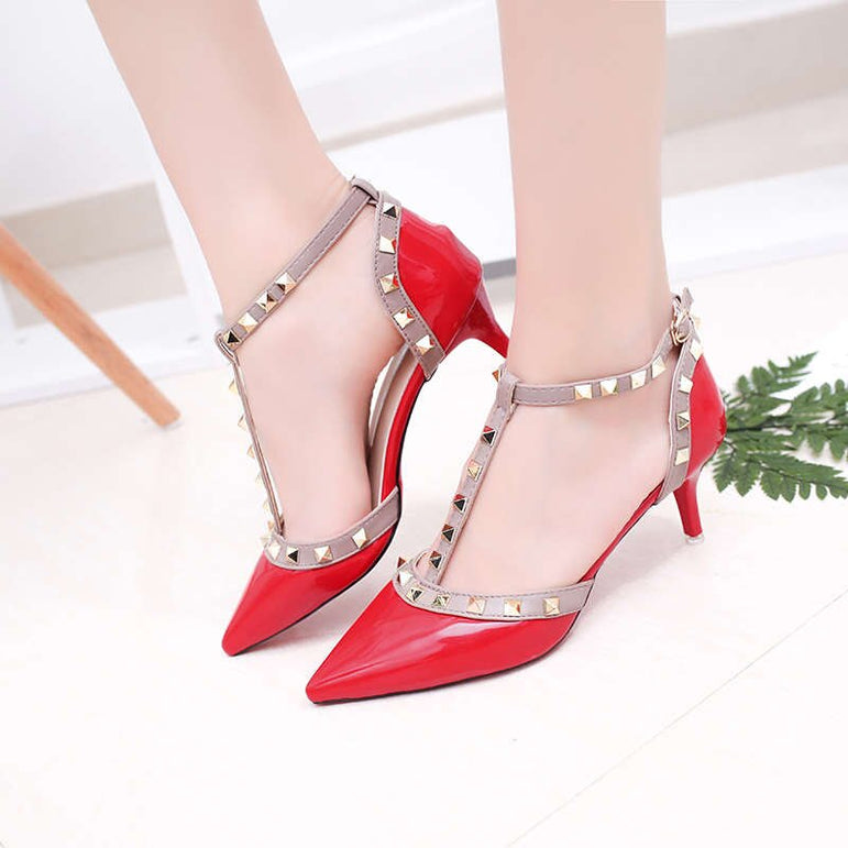 Leather Rivet Pumps Women High Heel