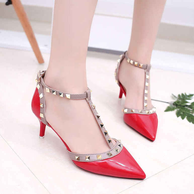 Leather Rivet Pumps Women High Heel