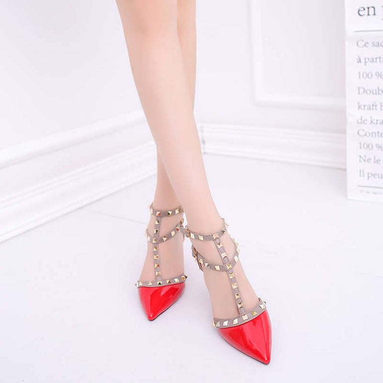 Leather Rivet Pumps Women High Heel