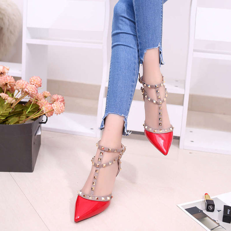 Leather Rivet Pumps Women High Heel