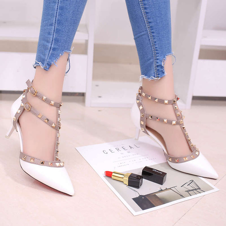 Leather Rivet Pumps Women High Heel