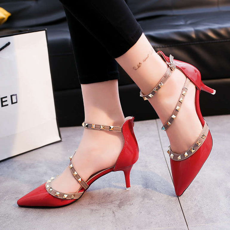 Leather Rivet Pumps Women High Heel