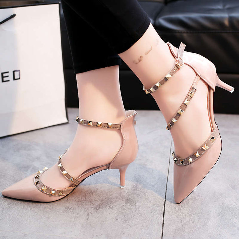 Leather Rivet Pumps Women High Heel