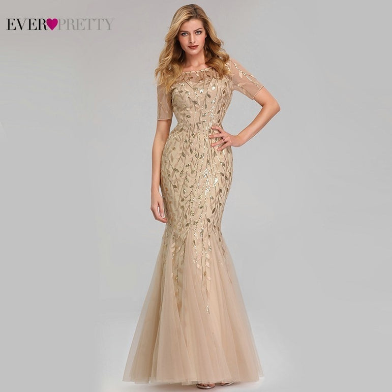 Elegant Plus Size Gold Sequined Mermaid Evening Dresses