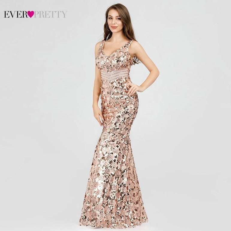 Elegant Plus Size Gold Sequined Mermaid Evening Dresses