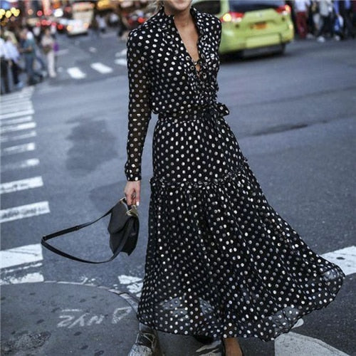 Polka Dot V Neck Bohemian Style Women Dress