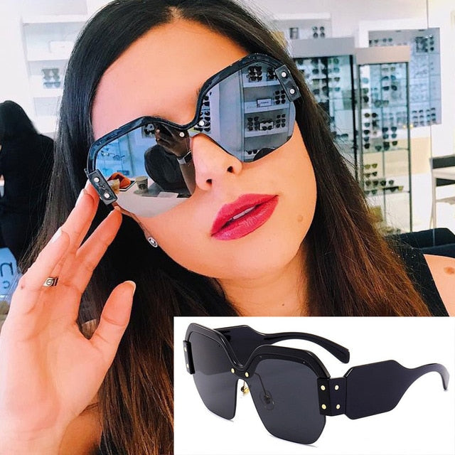 Luxury Half Frame Square Women Rivet Sunglasses