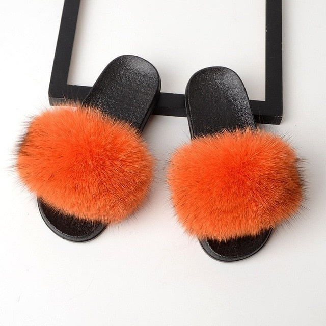 Real Fox Fur Slides Home Furry Slippers