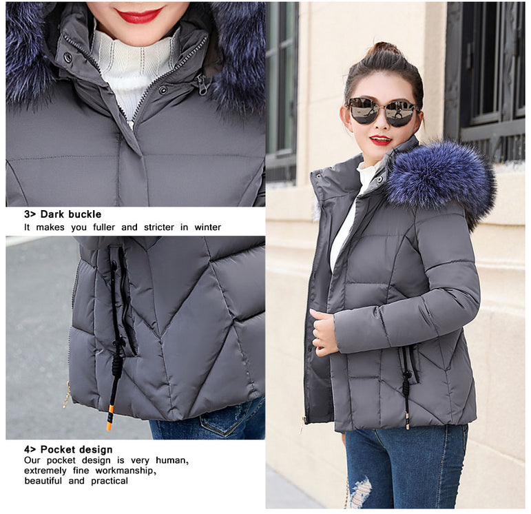 Winter Women Fur Collar Hooded Jacket