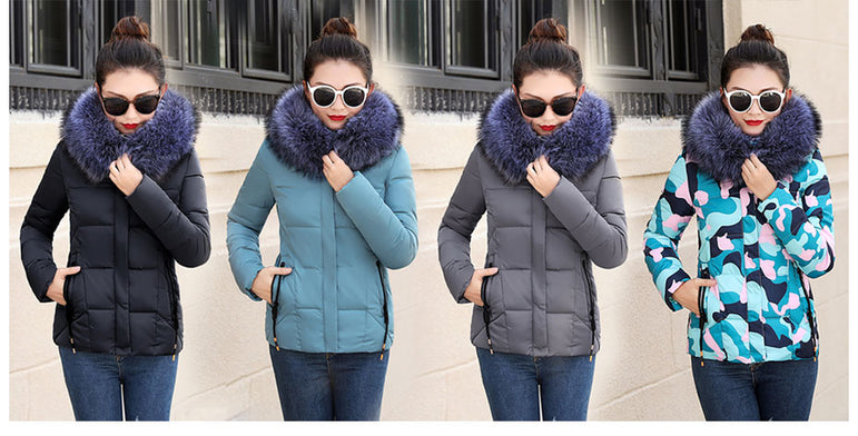 Winter Women Fur Collar Hooded Jacket