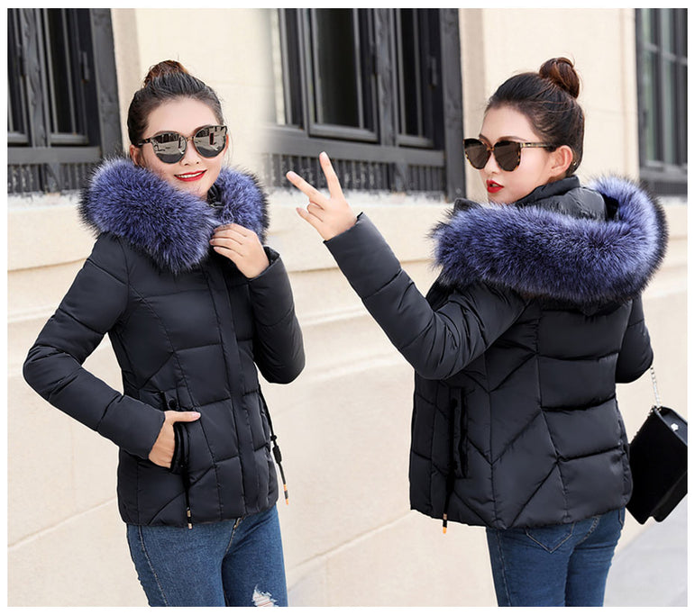 Winter Women Fur Collar Hooded Jacket