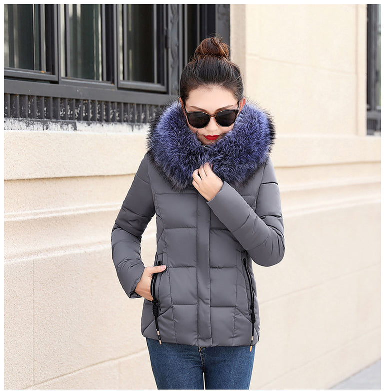 Winter Women Fur Collar Hooded Jacket