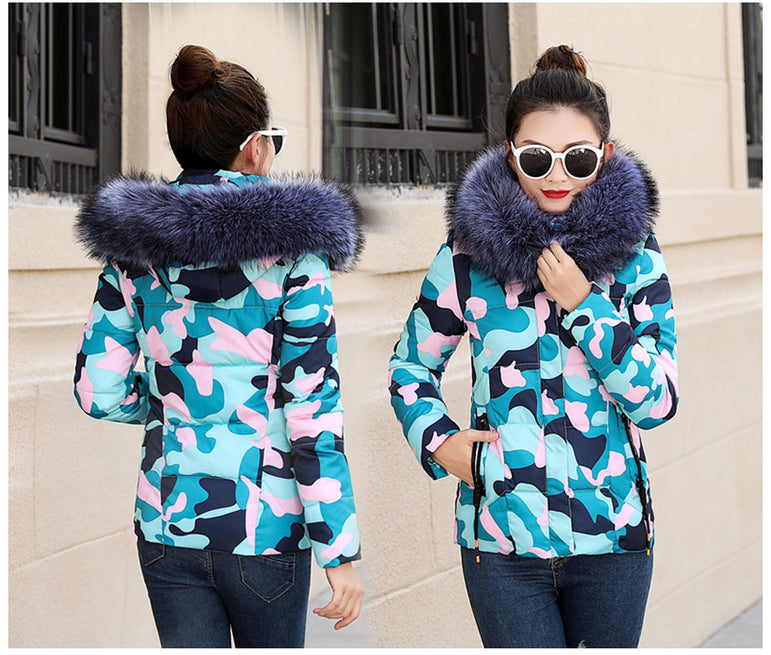 Winter Women Fur Collar Hooded Jacket