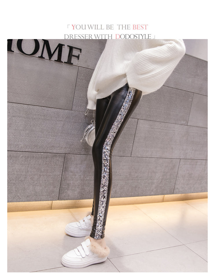 Leather Velvet Women High Waist pants