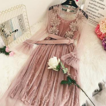 High Waist Voile Velvet Lace Floral Mesh Women Dress