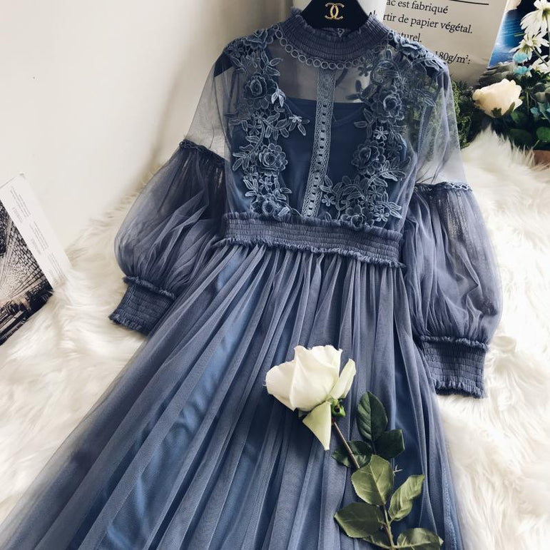 High Waist Voile Velvet Lace Floral Mesh Women Dress