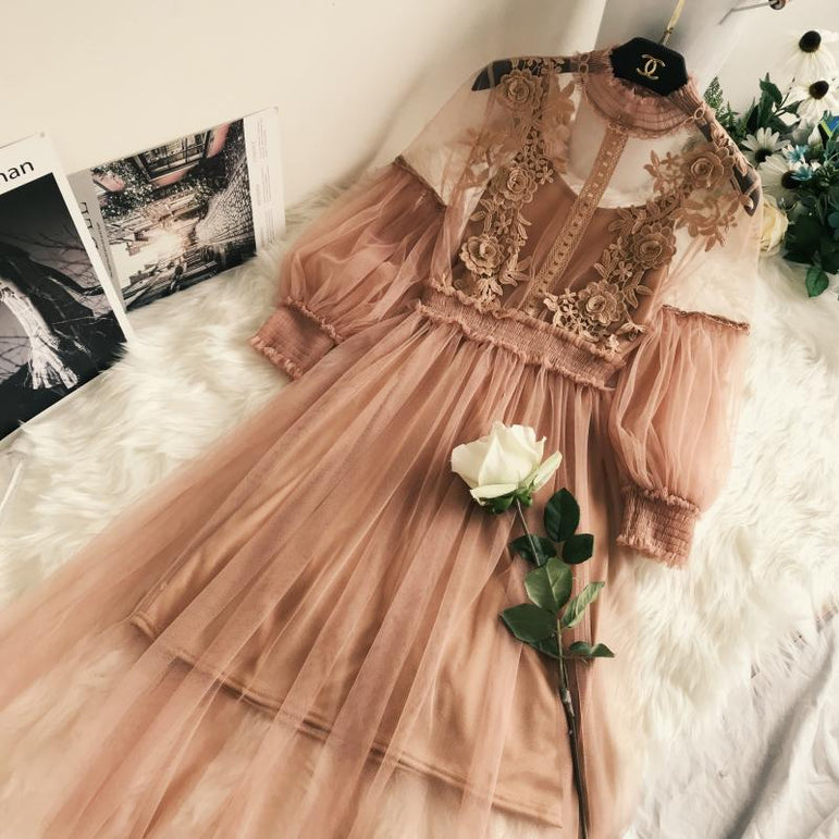 High Waist Voile Velvet Lace Floral Mesh Women Dress