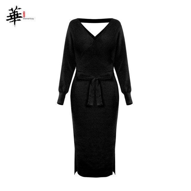 Elegant Cross Belt Sweater Long Sleeve Dress