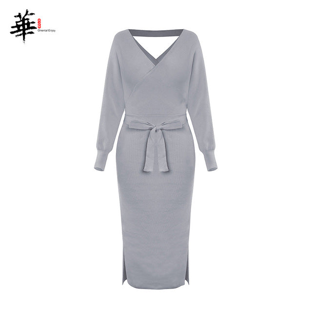 Elegant Cross Belt Sweater Long Sleeve Dress