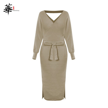 Elegant Cross Belt Sweater Long Sleeve Dress