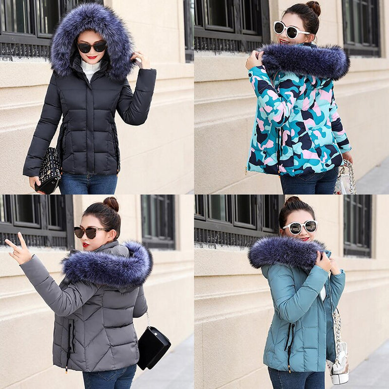 Winter Women Fur Collar Hooded Jacket