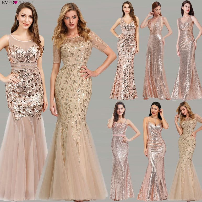 Elegant Plus Size Gold Sequined Mermaid Evening Dresses